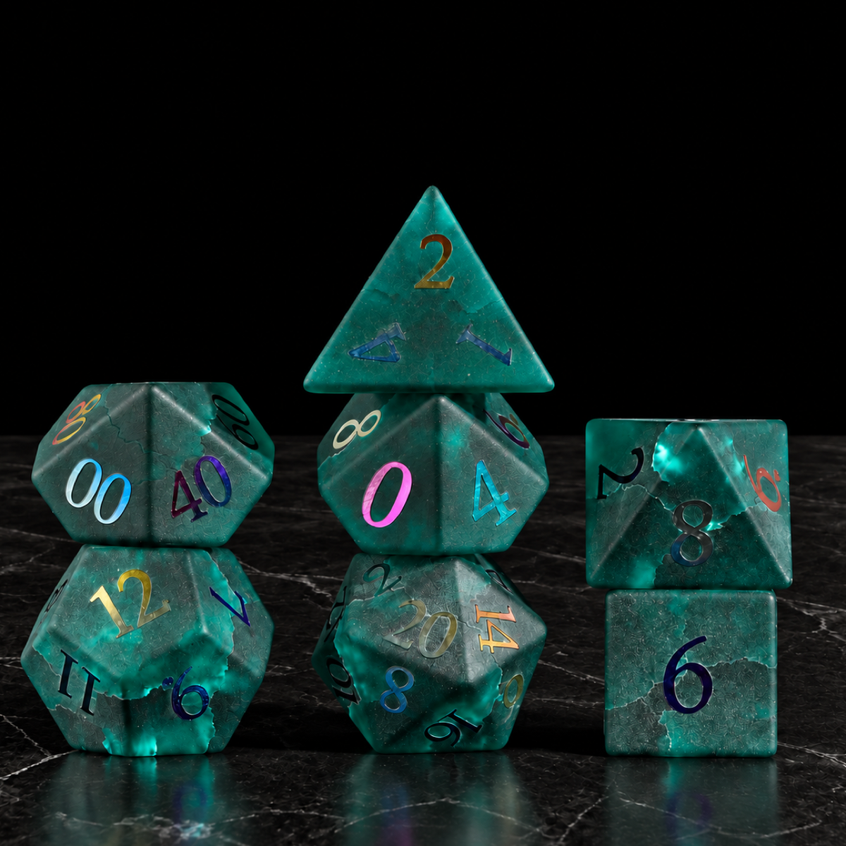 Aurora Cipher - Frosted Teal Glass Dice Set - standing set