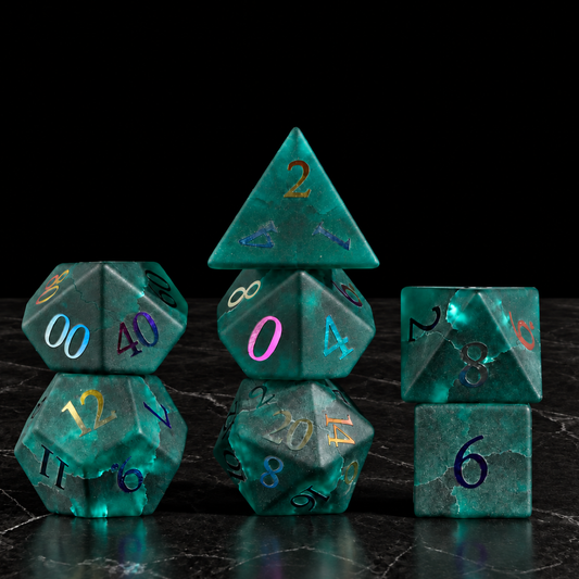 Aurora Cipher - Frosted Teal Glass Dice Set - standing set