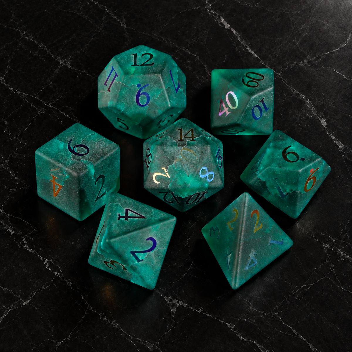 Aurora Cipher - Frosted Teal Glass Dice Set - overhead set