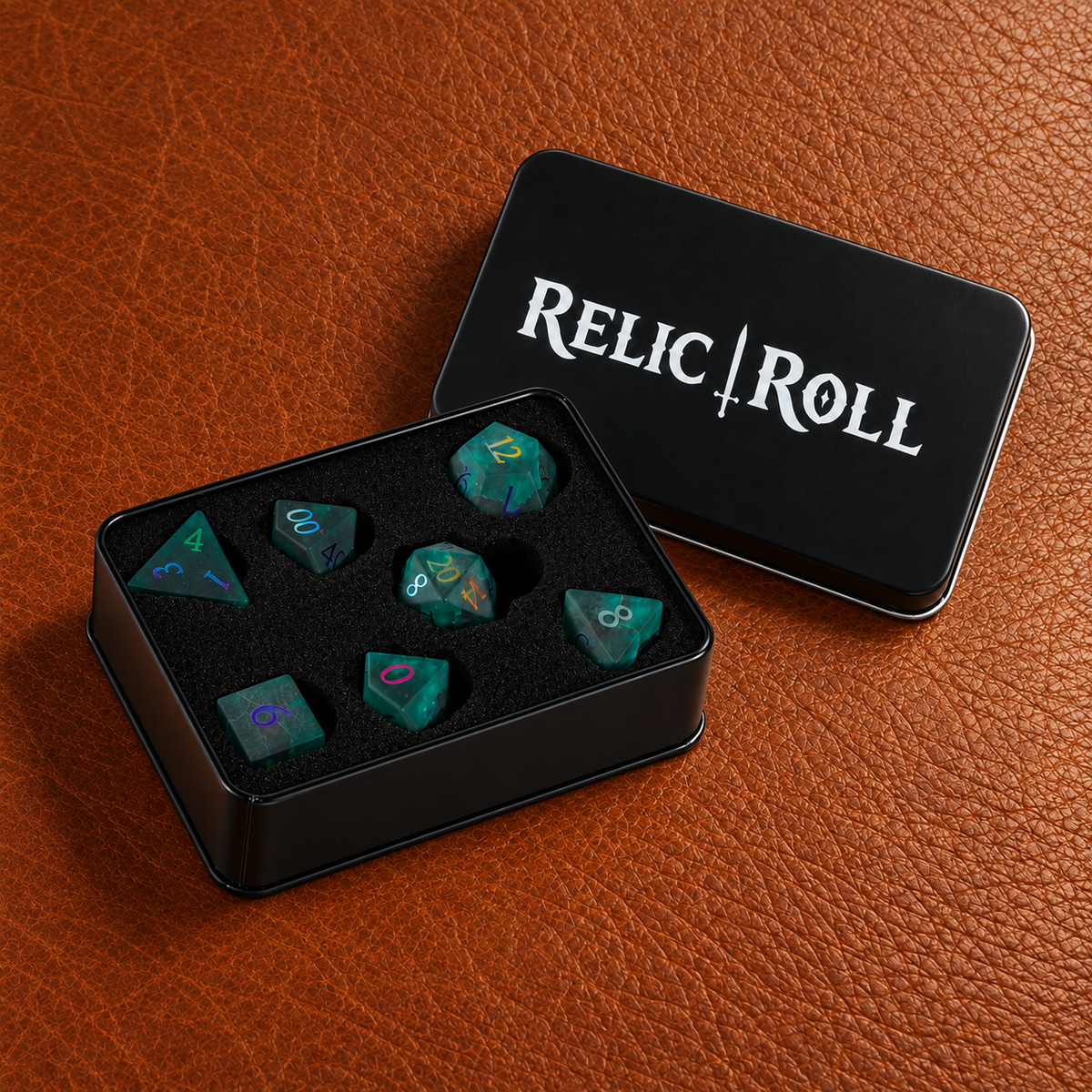Aurora Cipher - Frosted Teal Glass Dice Set - packaging