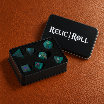 Aurora Cipher - Frosted Teal Glass Dice Set - packaging
