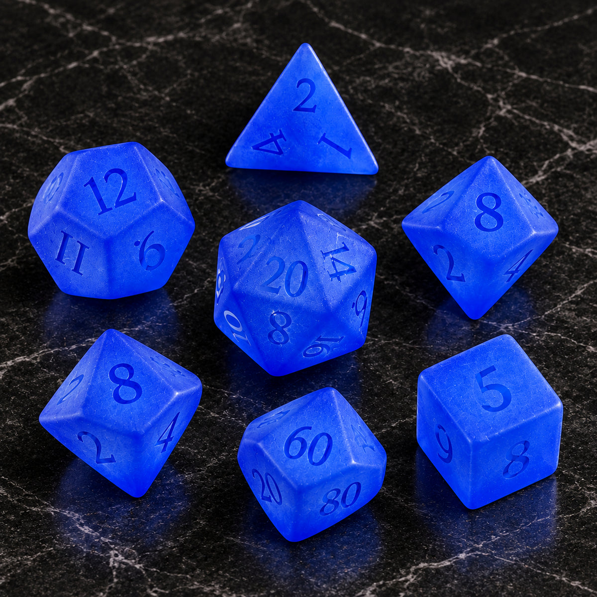 Azure Phantom flatlay - Blue Gemstone DnD dice set