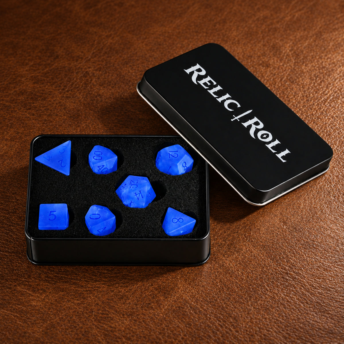 Azure Phantom packaging - Blue Gemstone DnD dice set