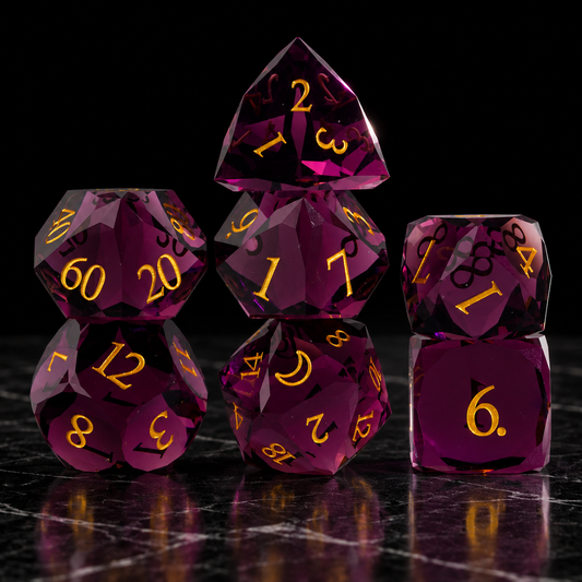 Crimson Moon Faceted Purple-Red Glass DnD dice standing set