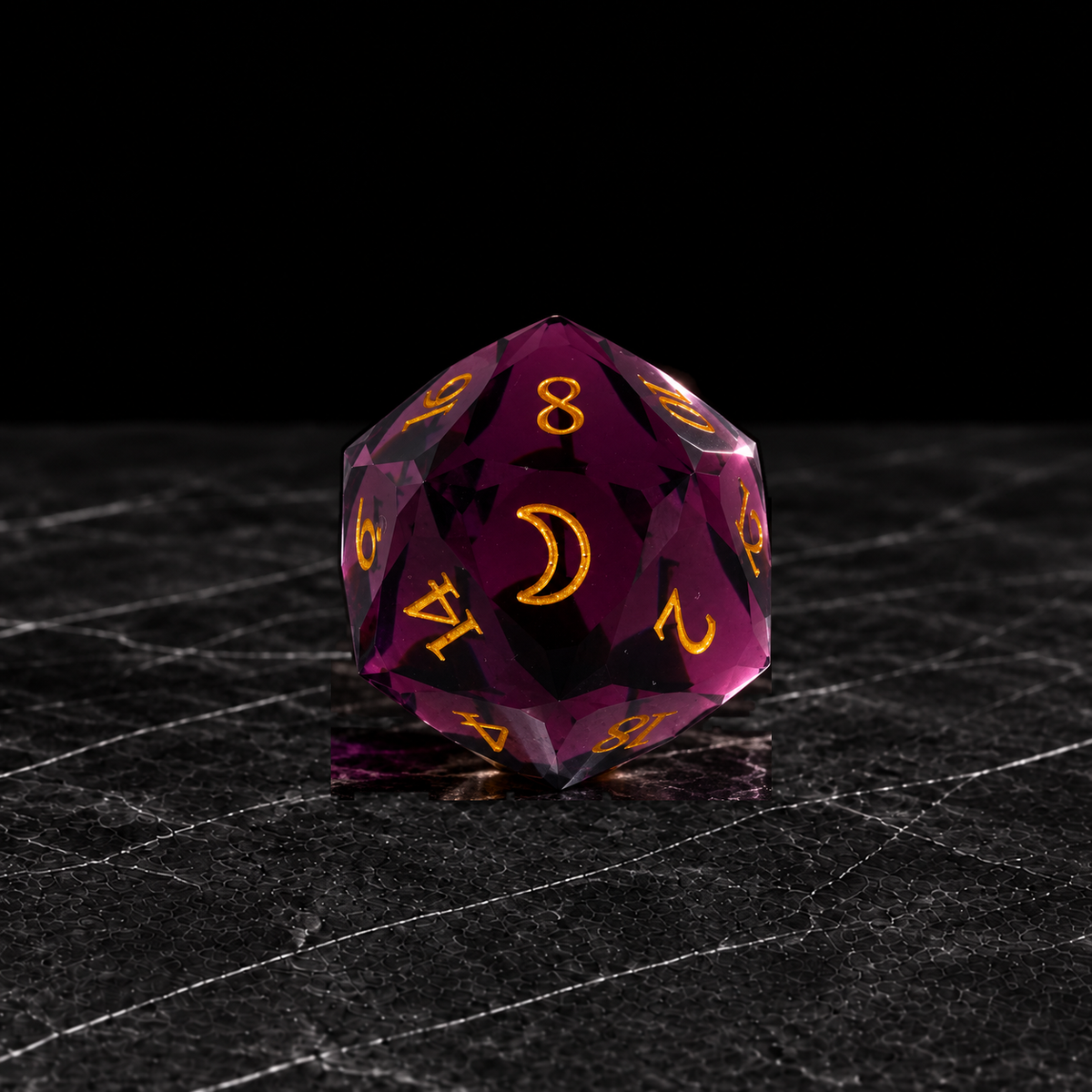 Crimson Moon Faceted Purple-Red Glass DnD dice D20 detail