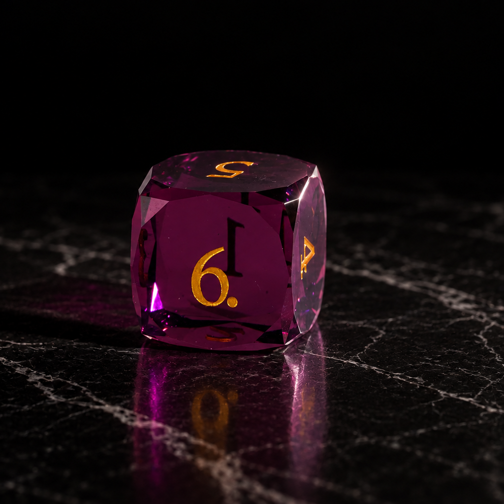 Crimson Moon Faceted Purple-Red Glass DnD dice D6 detail