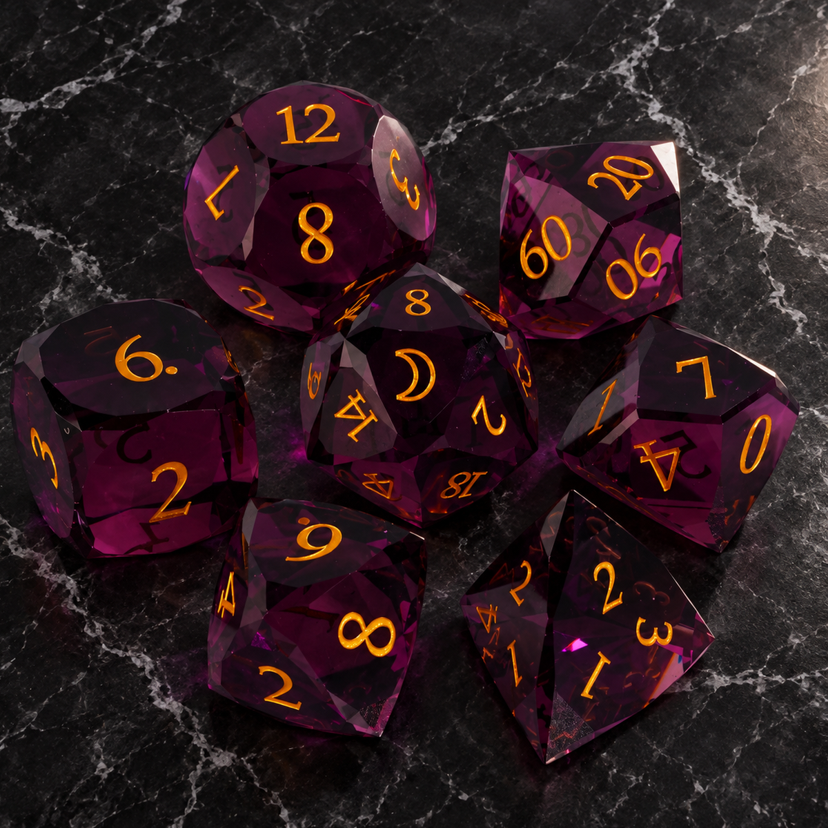 Crimson Moon Faceted Purple-Red Glass DnD dice overhead view