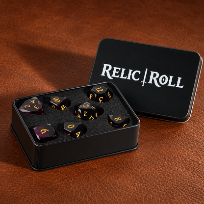 Crimson Moon Faceted Purple-Red Glass DnD dice with Relic Roll case