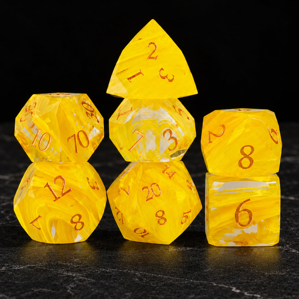 Sunforge Aurora main - Yellow Aurora Brushed Gemstone DnD dice set