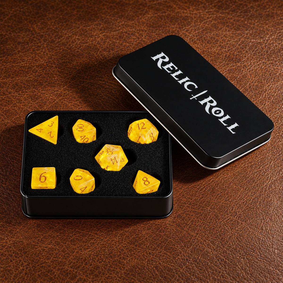 Sunforge Aurora packaging - Yellow Aurora Brushed Gemstone DnD dice set