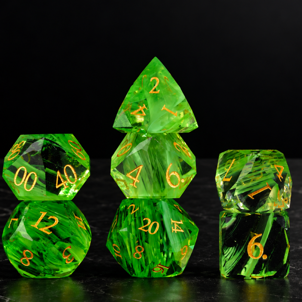 Verdant Aurora - Faceted Green Cat's Eye Dice Set - standing set