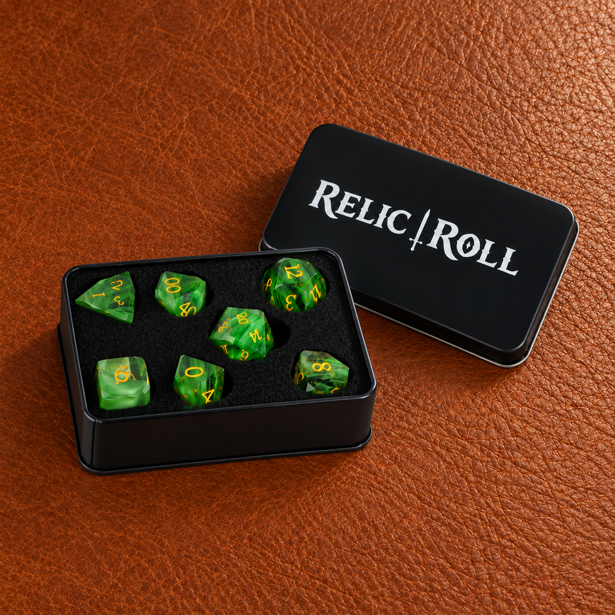 Verdant Aurora - Faceted Green Cat's Eye Dice Set - packaging