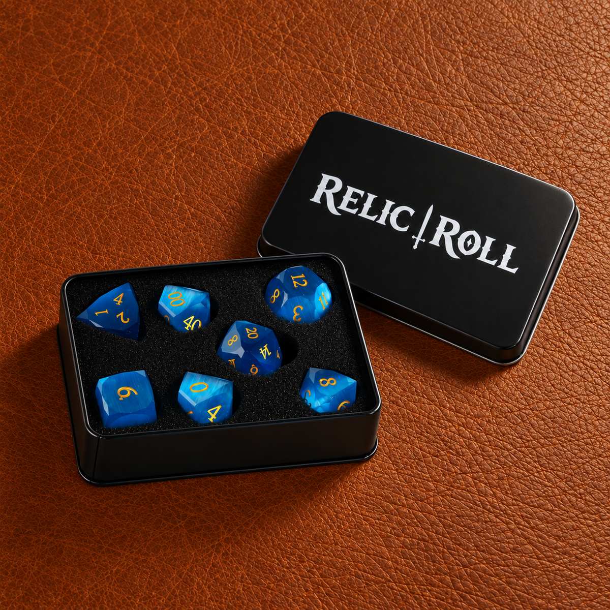 Azure Vanguard - Faceted Cobalt Blue Glass Dice Set - packaging