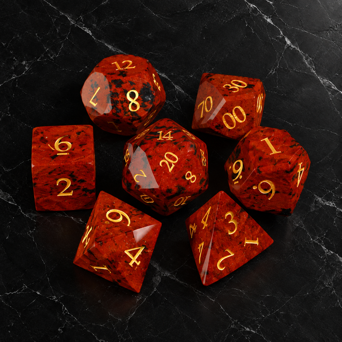 Emberwood Relic - Faceted Red Brown Stone Dice Set - overhead set