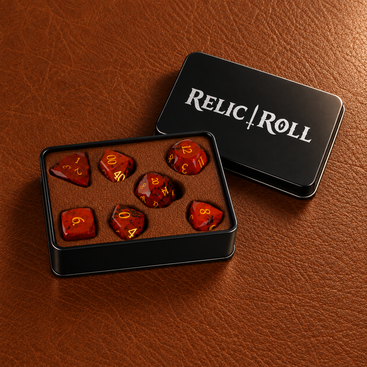 Emberwood Relic - Faceted Red Brown Stone Dice Set - packaging