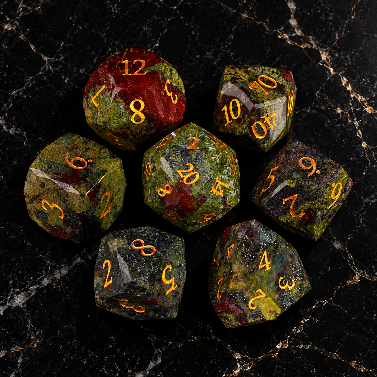 Mosaic Earth Multicolor Mineral Stone DnD dice overhead view