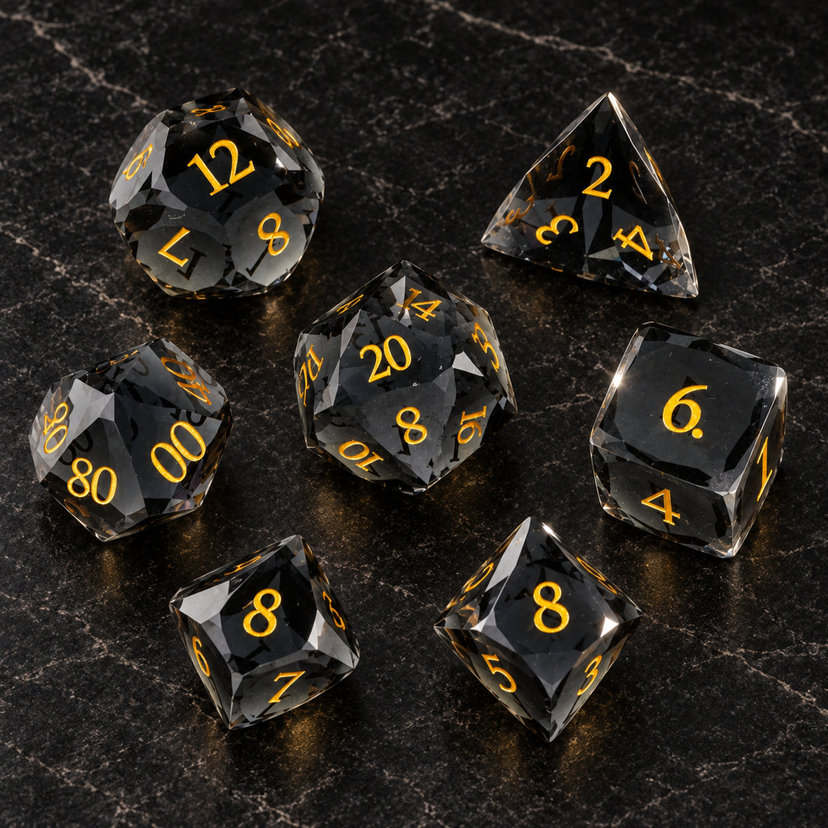 Shadowglass Oath flatlay - Dark Green Glass DnD dice set