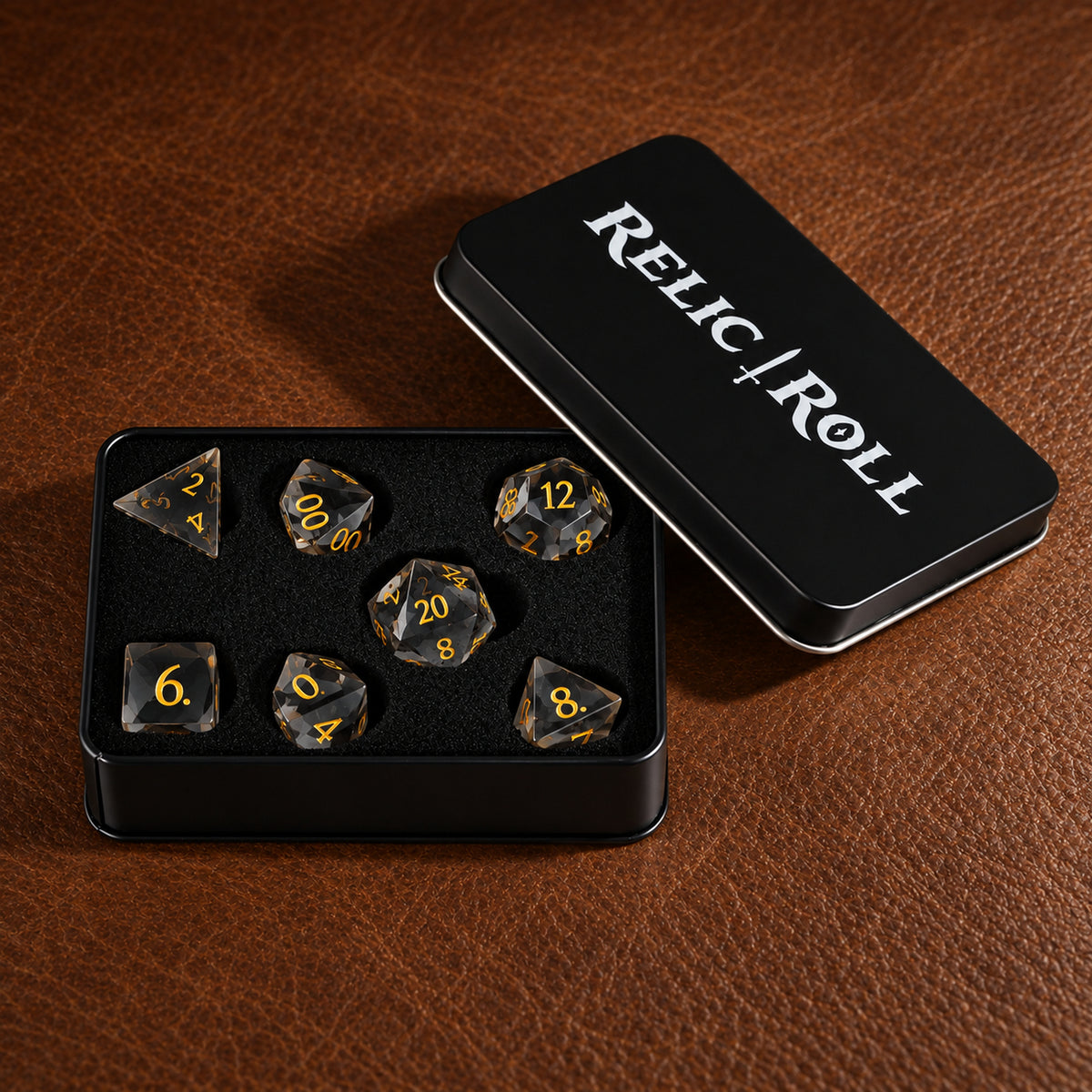 Shadowglass Oath packaging - Dark Green Glass DnD dice set