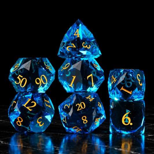 Tidal Prism Faceted Aqua-Blue Glass DnD dice standing set
