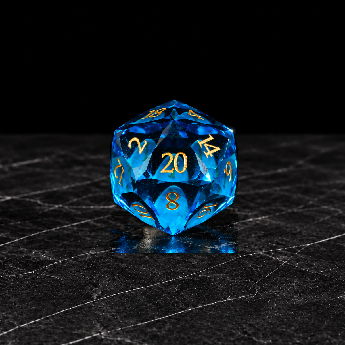 Tidal Prism Faceted Aqua-Blue Glass DnD dice D20 detail