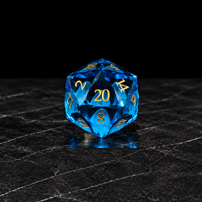 Tidal Prism Faceted Aqua-Blue Glass DnD dice D20 detail