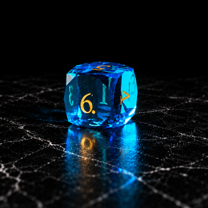 Tidal Prism Faceted Aqua-Blue Glass DnD dice D6 detail