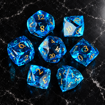 Tidal Prism Faceted Aqua-Blue Glass DnD dice overhead view