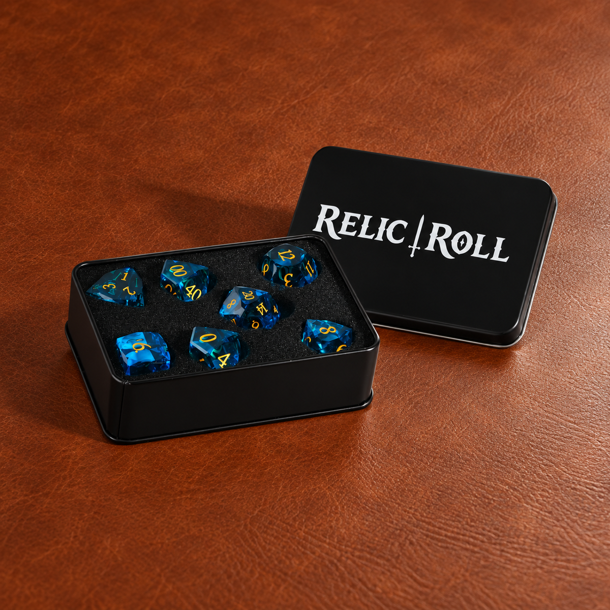Tidal Prism Faceted Aqua-Blue Glass DnD dice with Relic Roll case
