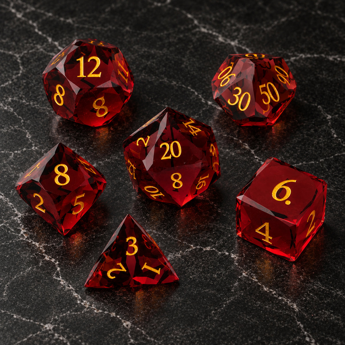 Emberwood Relic flatlay - Red-Brown Glass DnD dice set