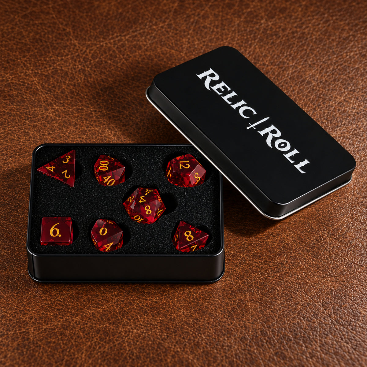 Emberwood Relic packaging - Red-Brown Glass DnD dice set