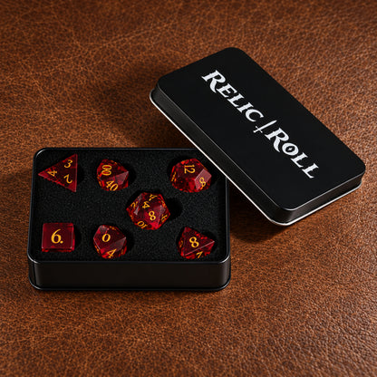 Emberwood Relic packaging - Red-Brown Glass DnD dice set
