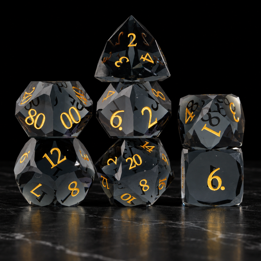 Midnight Jade Faceted Jade-Black Glass DnD dice standing set