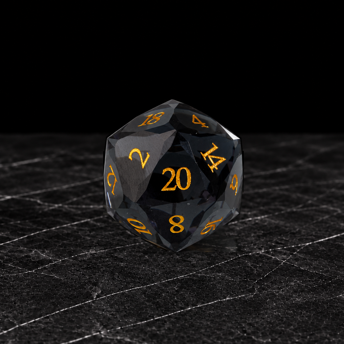 Midnight Jade Faceted Jade-Black Glass DnD dice D20 detail