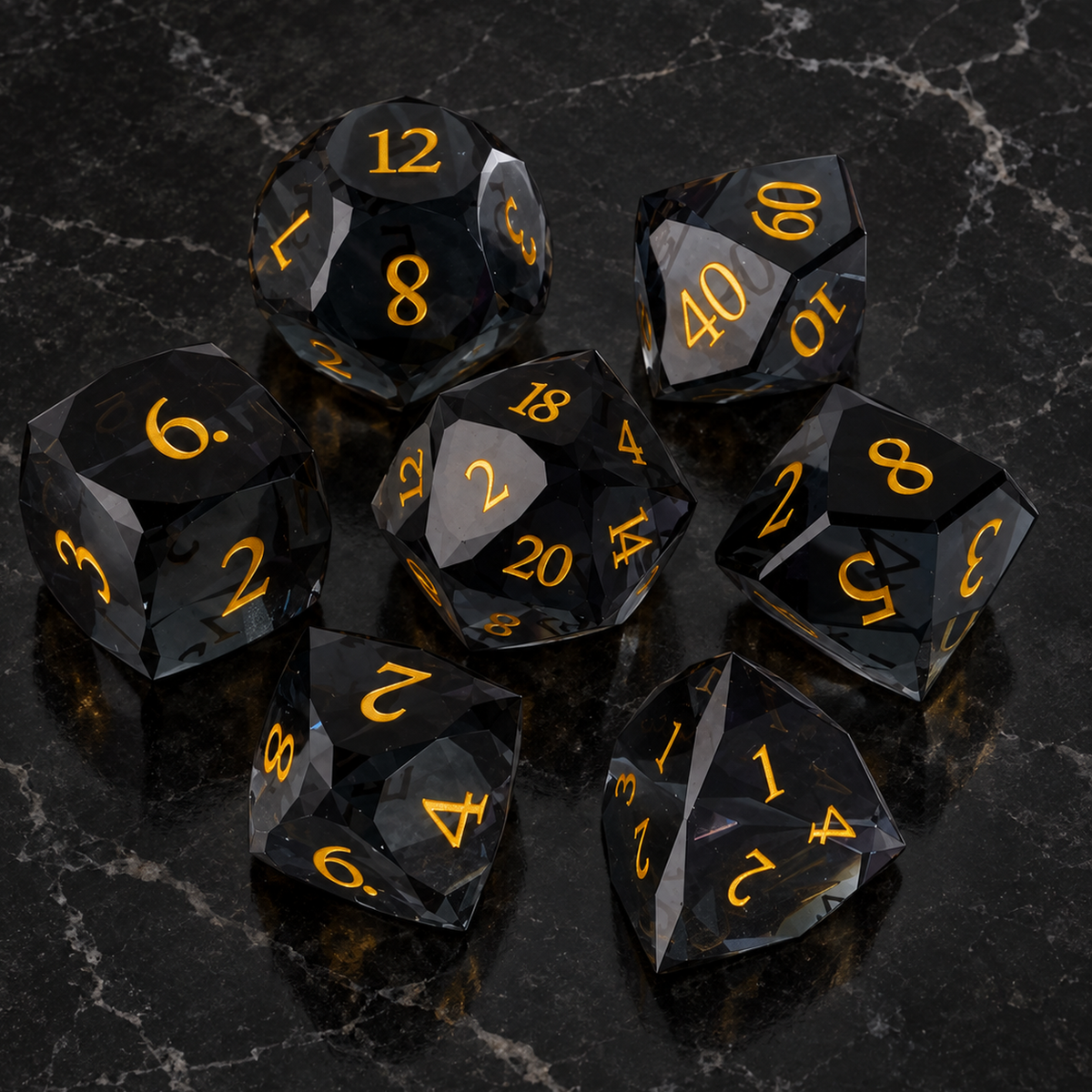 Midnight Jade Faceted Jade-Black Glass DnD dice overhead view