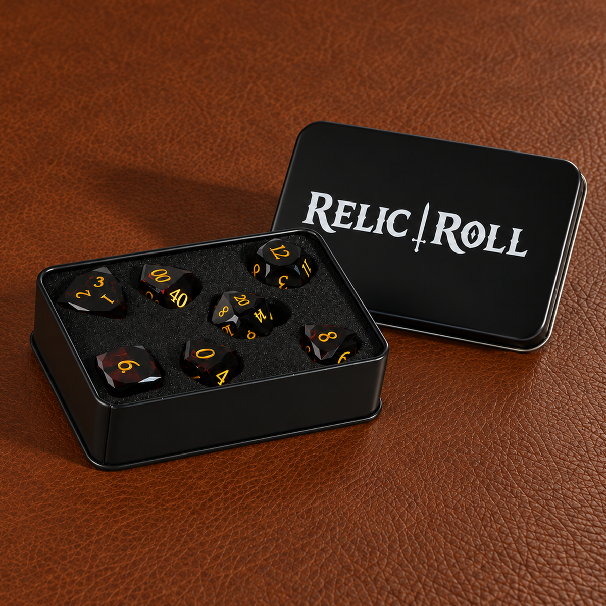 Midnight Jade Faceted Jade-Black Glass DnD dice with Relic Roll case