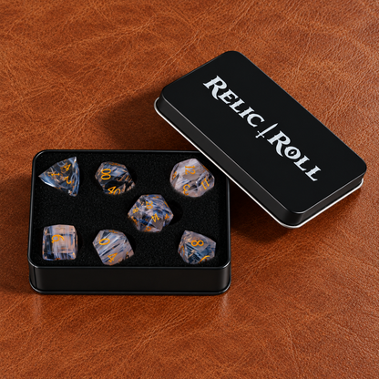 Aurora Veil Aurora Brushed Glass DnD dice with Relic Roll case
